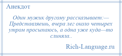 
    Один мужик другому рассказывает:— Представляешь, вчера лег около четырех утром просыпаюсь, а одна уже куда—то слиняла..