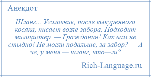 
    Шланг... Уголовник, после выкуренного косяка, писает возле забора. Подходит милиционер. — Гражданин! Как вам не стыдно! Не могли подальше, за забор? — А че, у меня — шланг, что—ли?