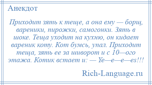 
    Приходит зять к теще, а она ему — борщ, вареники, пирожки, самогонки. Зять в шоке. Теща уходит на кухню, он кидает вареник коту. Кот бумсь, упал. Приходит теща, зять ее за шиворот и с 10—ого этажа. Котик встает и: — Ye—e—e—es!!!