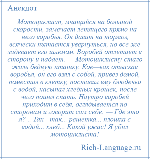 
    Мотоциклист, мчащийся на большой скорости, замечает летящего прямо на него воробья. Он давит на тормоз, всячески пытается увернуться, но все же задевает его шлемом. Воробей отлетает в сторону и падает. — Мотоциклисту стало жаль бедную пташку. Кое—как отыскав воробья, он его взял с собой, привез домой, поместил в клетку, поставил ему блюдечко с водой, насыпал хлебных крошек, после чего пошел спать. Наутро воробей приходит в себя, оглядывается по сторонам и говорит сам себе: — Где это я? .. Так—так... решетка... плошка с водой... хлеб... Какой ужас! Я убил мотоциклиста!