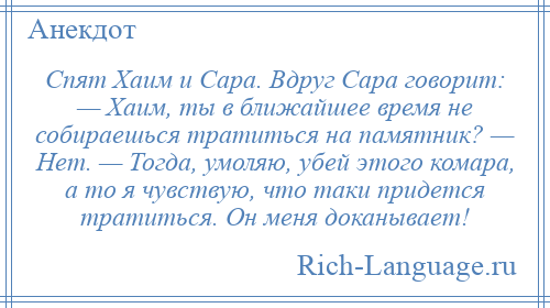 
    Спят Хаим и Сара. Вдруг Сара говорит: — Хаим, ты в ближайшее время не собираешься тратиться на памятник? — Нет. — Тогда, умоляю, убей этого комара, а то я чувствую, что таки придется тратиться. Он меня доканывает!