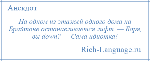 
    На одном из этажей одного дома на Брайтоне останавливается лифт. — Боря, вы down? — Сама идиотка!