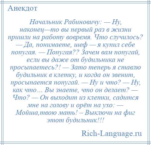 
    Начальник Рабиновичу: — Ну, наконец—то вы первый раз в жизни пришли на работу вовремя. Что случилось? — Да, понимаете, шеф — я купил себе попугая. — Попугая?? Зачем вам попугай, если вы даже от будильника не просыпаетесь?! — Зато теперь я ставлю будильник в клетку, и когда он звенит, просыпается попугай. — Ну и что? — Ну, как что… Вы знаете, что он делает? — Что? — Он выходит из клетки, садится мне на голову и орёт на ухо: — Мойша,твою мать! – Выключи на фиг этот будильник!!!