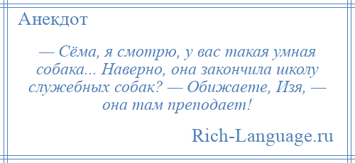 
    — Сёма, я смотрю, у вас такая умная собака... Наверно, она закончила школу служебных собак? — Обижаете, Изя, — она там преподает!