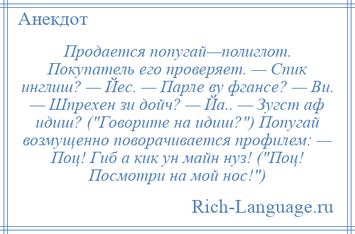 
    Продается попугай—полиглот. Покупатель его проверяет. — Спик инглиш? — Йес. — Парле ву фгансе? — Ви. — Шпрехен зи дойч? — Йа.. — Зугст аф идиш? ( Говорите на идиш? ) Попугай возмущенно поворачивается профилем: — Поц! Гиб а кик ун майн нуз! ( Поц! Посмотри на мой нос! )