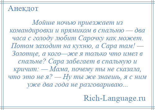 
    Мойше ночью приезжает из командировки и прямиком в спальню — два часа с голоду любит Сарочку как может. Потом заходит на кухню, а Сара там! — Золотце, а кого—же я только что имел в спальне? Сара забегает в спальную и кричит: — Мама, почему ты не сказала, что это не я? — Ну ты же знаешь, я с ним уже два года не разговариваю...