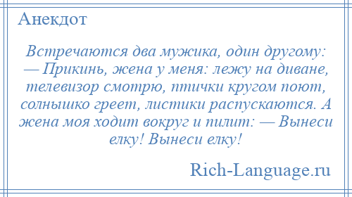 
    Встречаются два мужика, один другому: — Прикинь, жена у меня: лежу на диване, телевизор смотрю, птички кругом поют, солнышко греет, листики распускаются. А жена моя ходит вокруг и пилит: — Вынеси елку! Вынеси елку!