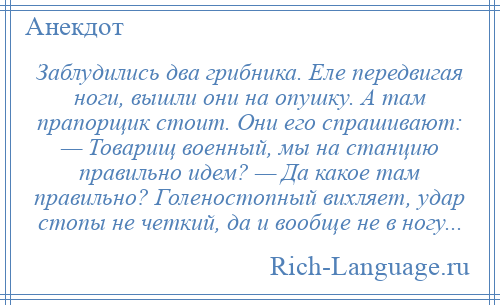 
    Заблудились два грибника. Еле передвигая ноги, вышли они на опушку. А там прапорщик стоит. Они его спрашивают: — Товарищ военный, мы на станцию правильно идем? — Да какое там правильно? Голеностопный вихляет, удар стопы не четкий, да и вообще не в ногу...