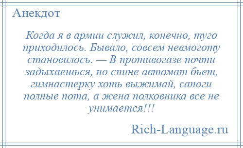 
    Когда я в армии служил, конечно, туго приходилось. Бывало, совсем невмоготу становилось. — В противогазе почти задыхаешься, по спине автомат бьет, гимнастерку хоть выжимай, сапоги полные пота, а жена полковника все не унимается!!!