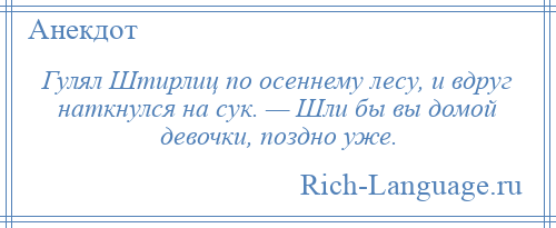 
    Гулял Штирлиц по осеннему лесу, и вдруг наткнулся на сук. — Шли бы вы домой девочки, поздно уже.