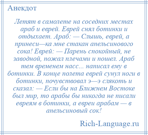 
    Летят в самолете на соседних местах араб и еврей. Еврей снял ботинки и отдыхает. Араб: — Слышь, еврей, а принеси—ка мне стакан апельсинового сока! Еврей: — Парень спокойный, не заводной, пожал плечами и пошел. Араб тем временем насс... написал ему в ботинки. В конце полета еврей сунул ноги в ботинки, почувствовал э—э слякоть и сказал: — Если бы на Ближнем Востоке был мир, то арабы бы никогда не писали евреям в ботинки, а евреи арабам — в апельсиновый сок!