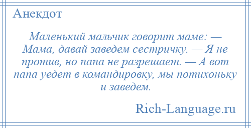 
    Маленький мальчик говорит маме: — Мама, давай заведем сестричку. — Я не против, но папа не разрешает. — А вот папа уедет в командировку, мы потихоньку и заведем.