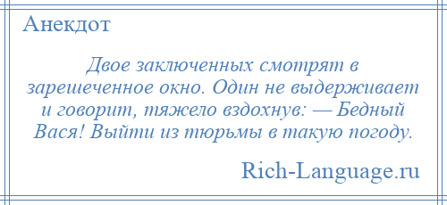 
    Двое заключенных смотрят в зарешеченное окно. Один не выдерживает и говорит, тяжело вздохнув: — Бедный Вася! Выйти из тюрьмы в такую погоду.