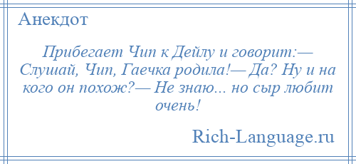 
    Прибегает Чип к Дейлу и говорит:— Слушай, Чип, Гаечка родила!— Да? Ну и на кого он похож?— Не знаю... но сыр любит очень!