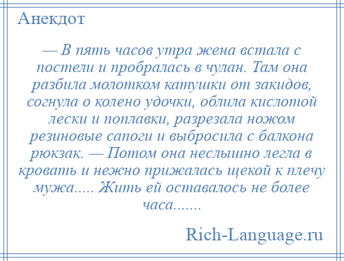 
    — В пять часов утра жена встала с постели и пробралась в чулан. Там она разбила молотком катушки от закидов, согнула о колено удочки, облила кислотой лески и поплавки, разрезала ножом резиновые сапоги и выбросила с балкона рюкзак. — Потом она неслышно легла в кровать и нежно прижалась щекой к плечу мужа..... Жить ей оставалось не более часа.......