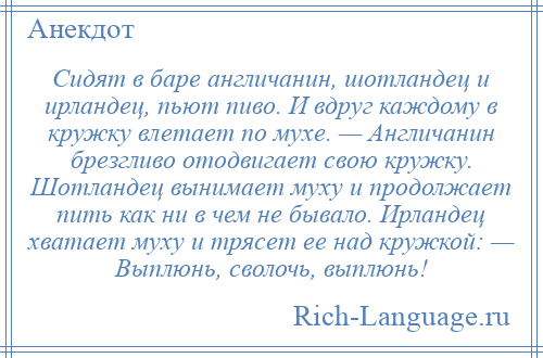 
    Сидят в баре англичанин, шотландец и ирландец, пьют пиво. И вдруг каждому в кружку влетает по мухе. — Англичанин брезгливо отодвигает свою кружку. Шотландец вынимает муху и продолжает пить как ни в чем не бывало. Ирландец хватает муху и трясет ее над кружкой: — Выплюнь, сволочь, выплюнь!