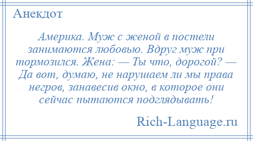 
    Америка. Муж с женой в постели занимаются любовью. Вдруг муж при тормозился. Жена: — Ты что, дорогой? — Да вот, думаю, не нарушаем ли мы права негров, занавесив окно, в которое они сейчас пытаются подглядывать!