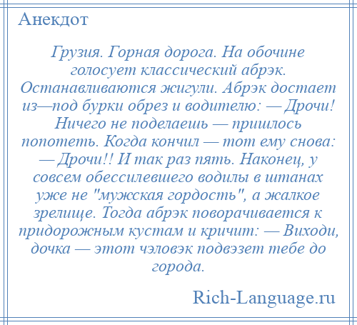 
    Грузия. Горная дорога. На обочине голосует классический абрэк. Останавливаются жигули. Абрэк достает из—под бурки обрез и водителю: — Дрочи! Ничего не поделаешь — пришлось попотеть. Когда кончил — тот ему снова: — Дрочи!! И так раз пять. Наконец, у совсем обессилевшего водилы в штанах уже не мужская гордость , а жалкое зрелище. Тогда абрэк поворачивается к придорожным кустам и кричит: — Виходи, дочка — этот чэловэк подвэзет тебе до города.