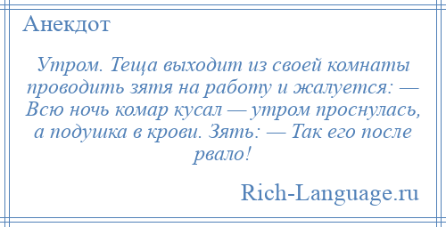 
    Утром. Теща выходит из своей комнаты проводить зятя на работу и жалуется: — Всю ночь комар кусал — утром проснулась, а подушка в крови. Зять: — Так его после рвало!