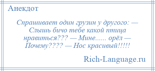 
    Спрашивает один грузин у другого: — Слышь бичо тебе какой птица нравиться??? — Мине...... орёл — Почему???? — Нос красивый!!!!!