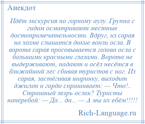 
    Идёт экскурсия по горному аулу. Группа с гидом осматривают местные достопримечательности. Вдруг, из сарая на холме слышатся дикие вопли осла. В ворота сарая просовывается голова осла с большими красными глазами. Ворота не выдерживают, падают и осёл несётся в ближайший лес сбивая туристов с ног. Из сарая, застёгивая ширинку, выходит джигит и гордо спрашивает: — Что!.. Страшный звэрь ослик? Туристы наперебой: — Да... да... — А мы их ебём!!!!!