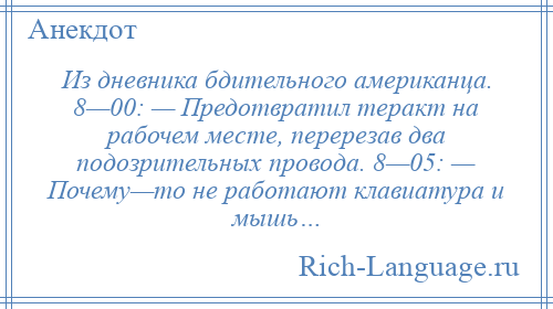 
    Из дневника бдительного американца. 8—00: — Предотвратил теракт на рабочем месте, перерезав два подозрительных провода. 8—05: — Почему—то не работают клавиатура и мышь…