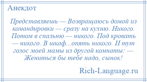 
    Представляешь — Возвращаюсь домой из командировки — сразу на кухню. Никого. Потом в спальню — никого. Под кровать — никого. В шкаф...опять никого. И тут голос моей мамы из другой комнаты: — Жениться бы тебе надо, сынок!