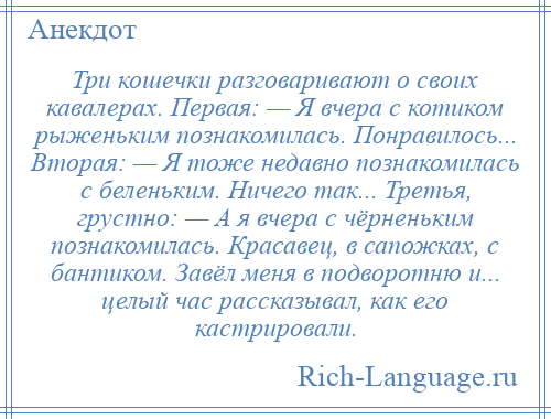 
    Три кошечки разговаривают о своих кавалерах. Первая: — Я вчера с котиком рыженьким познакомилась. Понравилось... Вторая: — Я тоже недавно познакомилась с беленьким. Ничего так... Третья, грустно: — А я вчера с чёрненьким познакомилась. Красавец, в сапожках, с бантиком. Завёл меня в подворотню и... целый час рассказывал, как его кастрировали.