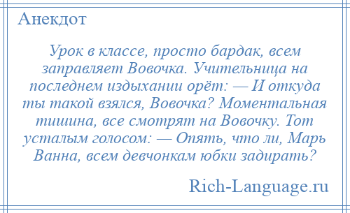 
    Урок в классе, просто бардак, всем заправляет Вовочка. Учительница на последнем издыхании орёт: — И откуда ты такой взялся, Вовочка? Моментальная тишина, все смотрят на Вовочку. Тот усталым голосом: — Опять, что ли, Марь Ванна, всем девчонкам юбки задирать?