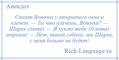 
    Стоит Вовочка у открытого окна и плачет. — Ты что плачешь, Вовочка? — Шарик улетел. — Я куплю тебе 10 новых шариков! — Нет, такой собаки, как Шарик, у меня больше не будет!