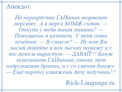 
    На перекрёстке ГАИшник тормозит мерседес. А в мерсе БОМЖ сидит. — Откуда у тебя такая машина? — Понимаешь я целитель. У меня говно лечебное. — В смысле? — Ну вот Вы лысый,давайте я вам лысину помажу и у вас волосы вырастут. — ДАВАЙ!!! Бомж замазывает ГАИшника говном, тут подруливают братки, и с со смехом бомжу: — Ещё парочку измажешь дачу получишь!!!