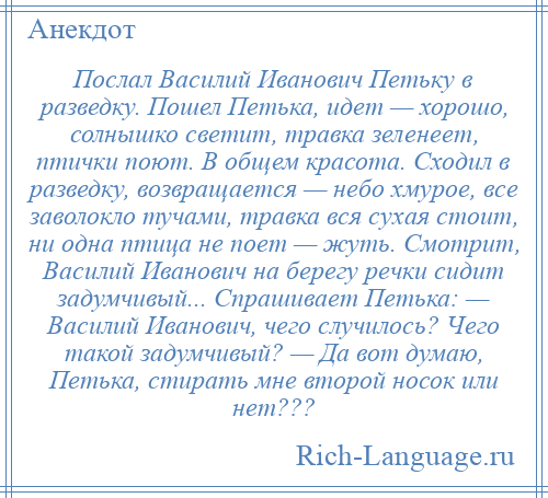 
    Послал Василий Иванович Петьку в разведку. Пошел Петька, идет — хорошо, солнышко светит, травка зеленеет, птички поют. В общем красота. Сходил в разведку, возвращается — небо хмурое, все заволокло тучами, травка вся сухая стоит, ни одна птица не поет — жуть. Смотрит, Василий Иванович на берегу речки сидит задумчивый... Спрашивает Петька: — Василий Иванович, чего случилось? Чего такой задумчивый? — Да вот думаю, Петька, стирать мне второй носок или нет???