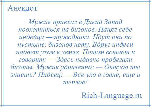 
    Мужик приехал в Дикий Запад поохотиться на бизонов. Нанял себе индейца — проводника. Идут они по пустыне, бизонов нету. Вдруг индеец падает ухом к земле. Потом встает и говорит: — Здесь недавно пробегали бизоны. Мужик удивленно: — Откуда ты знаешь? Индеец: — Все ухо в говне, еще и теплое!