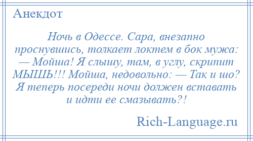 
    Ночь в Одессе. Сара, внезапно проснувшись, толкает локтем в бок мужа: — Мойша! Я слышу, там, в углу, скрипит МЫШЬ!!! Мойша, недовольно: — Так и шо? Я теперь посереди ночи должен вставать и идти ее смазывать?!