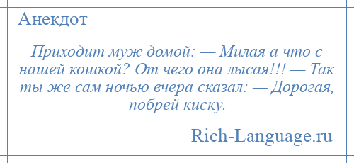 
    Приходит муж домой: — Милая а что с нашей кошкой? От чего она лысая!!! — Так ты же сам ночью вчера сказал: — Дорогая, побрей киску.