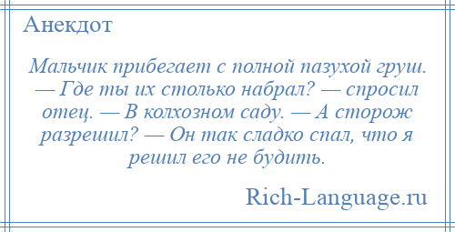 
    Мальчик прибегает с полной пазухой груш. — Где ты их столько набрал? — спросил отец. — В колхозном саду. — А сторож разрешил? — Он так сладко спал, что я решил его не будить.