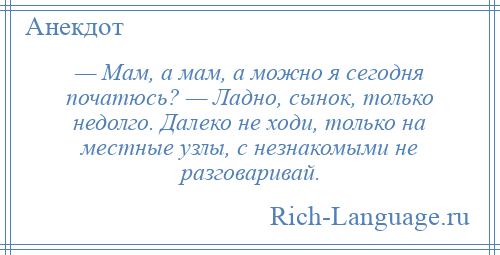 
    — Мам, а мам, а можно я сегодня початюсь? — Ладно, сынок, только недолго. Далеко не ходи, только на местные узлы, с незнакомыми не разговаривай.