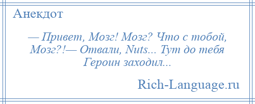 
    — Привет, Мозг! Мозг? Что с тобой, Мозг?!— Отвали, Nuts... Тут до тебя Героин заходил...