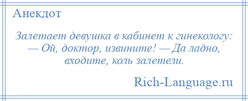 
    Залетает девушка в кабинет к гинекологу: — Ой, доктор, извините! — Да ладно, входите, коль залетели.