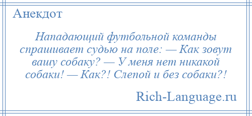 
    Нападающий футбольной команды спрашивает судью на поле: — Как зовут вашу собаку? — У меня нет никакой собаки! — Как?! Слепой и без собаки?!