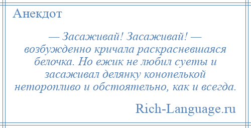 
    — Засаживай! Засаживай! — возбужденно кричала раскрасневшаяся белочка. Но ежик не любил суеты и засаживал делянку конопелькой неторопливо и обстоятельно, как и всегда.