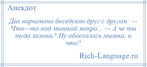 
    Два наркомана беседуют друг с другом: — Что—то под мышкой мокро... — А че ты туда лазишь? Ну обоссалась мышка, и что?