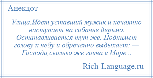 
    Улица.Идет уставший мужик и нечаянно наступает на собачье дерьмо. Останавливается тут же. Поднимет голову к небу и обреченно выдыхает: — Господи,сколько же говна в Мире...