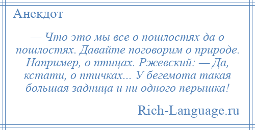 
    — Что это мы все о пошлостях да о пошлостях. Давайте поговорим о природе. Например, о птицах. Ржевский: — Да, кстати, о птичках... У бегемота такая большая задница и ни одного перышка!