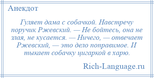 
    Гуляет дама с собачкой. Навстречу поручик Ржевский. — Не бойтесь, она не злая, не кусается. — Ничего, — отвечает Ржевский, — это дело поправимое. И тыкает собачку цигаркой в харю.