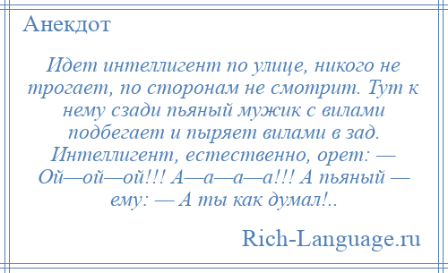 
    Идет интеллигент по улице, никого не трогает, по сторонам не смотрит. Тут к нему сзади пьяный мужик с вилами подбегает и пыряет вилами в зад. Интеллигент, естественно, орет: — Ой—ой—ой!!! А—а—а—а!!! А пьяный — ему: — А ты как думал!..