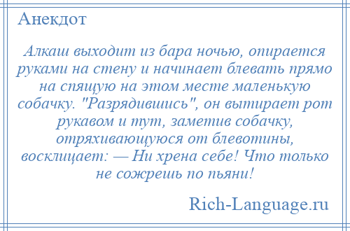 
    Алкаш выходит из бара ночью, опирается руками на стену и начинает блевать прямо на спящую на этом месте маленькую собачку. Разрядившись , он вытирает рот рукавом и тут, заметив собачку, отряхивающуюся от блевотины, восклицает: — Ни хрена себе! Что только не сожрешь по пьяни!
