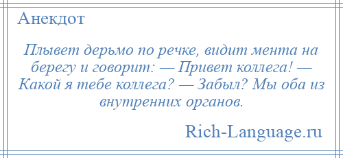
    Плывет дерьмо по речке, видит мента на берегу и говорит: — Привет коллега! — Какой я тебе коллега? — Забыл? Мы оба из внутренних органов.