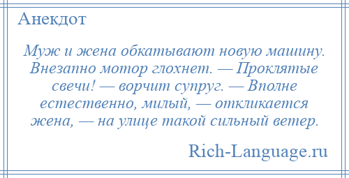 
    Муж и жена обкатывают новую машину. Внезапно мотор глохнет. — Проклятые свечи! — ворчит супруг. — Вполне естественно, милый, — откликается жена, — на улице такой сильный ветер.