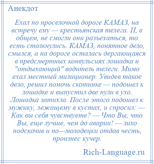 
    Ехал по проселочной дороге КАМАЗ, на встречу ему — крестьянская телега. И, в общем, не смогли они разъехаться, то есть столкнулись. КАМАЗ, понятное дело, смылся, а на дороге осталась дергающаяся в предсмертных конвульсиях лошадка и отдыхающий водитель телеги. Мимо ехал местный милиционер. Увидев такое дело, решил помочь скотинке — подошел к лошадке и выпустил две пули в ухо. Лошадка затихла. После этого подошел к мужику, лежащему в кустах, и спросил: — Как вы себя чувствуете? — Что Вы, что Вы, еще лучше, чем до аварии! — лихо подскочив и по—молодецки отдав честь, произнес кучер.